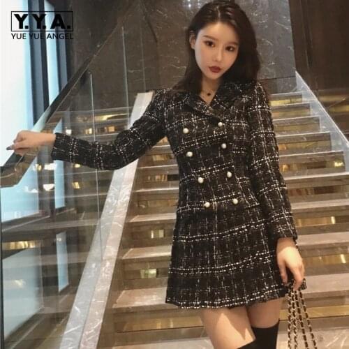 High Street Womens Spring Autumn Plaid Tweed Dress Double Breasted Beaded Mini Ladies Dresses Club Party Office Warm Dress Women