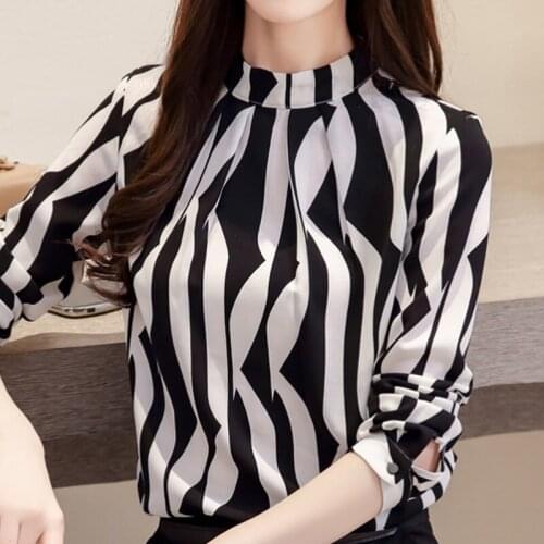Blusas Mujer De Moda 2021 Blouse Women Stand Collar Striped Chiffon Blouse Shirt Long Sleeve Women Blouses Shirts Top Blusa A679