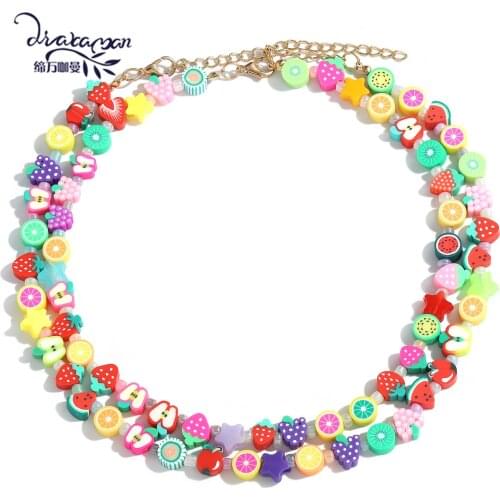 Dvacaman New Trendy Colorful Cute Fruit Apple Strawberry Lemon Clay Choker Necklaces for Women Boho Double Layer Beaded Necklace
