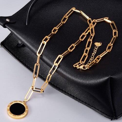 Stainless Steel Hip Hop Gold Long Chain Roman Numeral Stones Pendant Necklace Women Sweater Chain