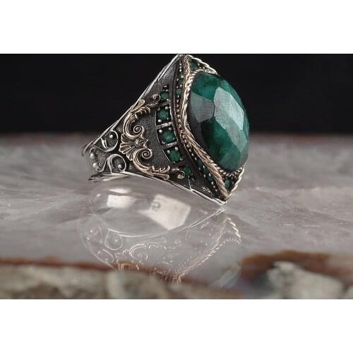 Emerald 925 Silver Engraved Special Craftmanship Traditional Handmade Turkish Signet Ring Jewelry Gift for Women Men