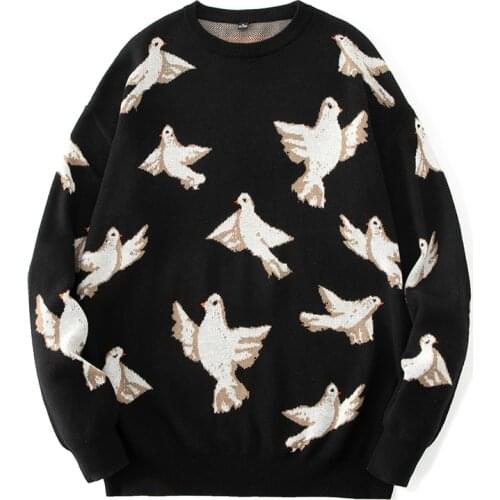 Men Casual Sweater Round Neck Cotton Autumn Winter Pullover Mens Harajuku Sweaters Pigeon Pattern Long Sleeve Male Tops Clothing