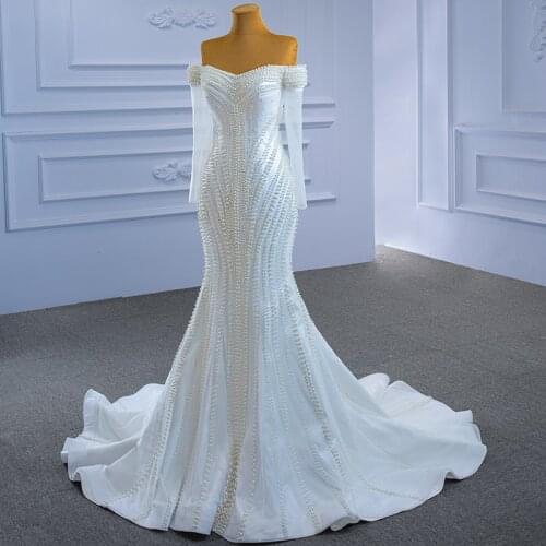 New Mermaid Wedding Dress Off The Shoulder Long Sleeves Full Of Pearls Luxurious Elegant Bridal Gown N.67314