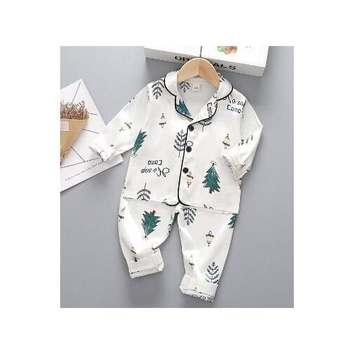 Baby’s Sleepwear Suits White Lapel Long-Sleeves Top Loose Pants with Cartoon Christmas Tree Patterns Pajamas for Kids Girls Boys