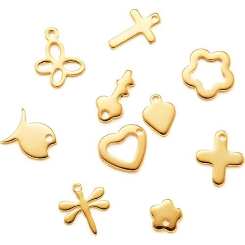 100Pcs 304 Stainless Steel Charms Pendants Mixed Heart Flowers Cross Shapes Golden Color DIY Bracelet Necklace Jewelry Making