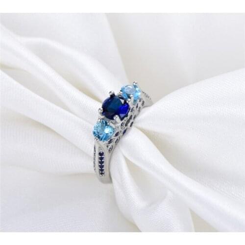 Vintage Female Blue Crystal Party Ring Classic Silver Color Wedding Ring Cute Bridal Round Thin Engagement Rings For Women