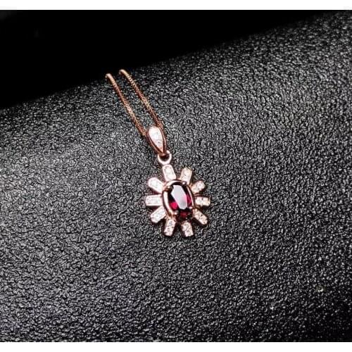 Natural Red Garnet Ring Pendant Natural Gemstone Jewelry Set 925 Silver Fashion Sun flower Talonpaw Women Wedding Ring necklace