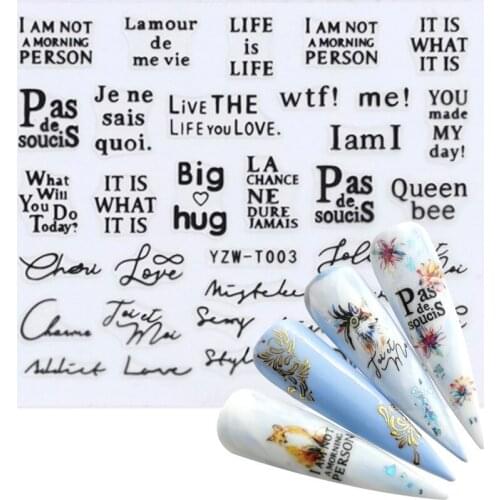 1 Sheet 3D Nail Art Stickers Black English Alphabets Geometric Flower Patterns Design Adhesive Transfer Decals Nail Decoration