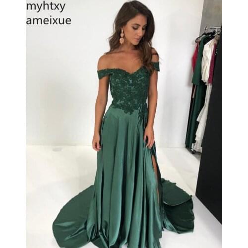 2020 New Arrival Myhtxyameixue Formal Green Evening Sweep Train A-line Sleeveless Floor-length Satin Natural Off The Shoulder S