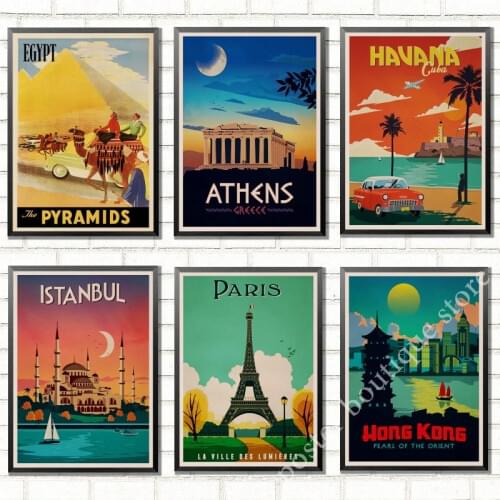 Athens,Istanbul,Egypt,Aruba,Havana,Parls,Travel Landscape Vintage Retro Poster Decorative Wall Kraft Paper Poster Home Decor