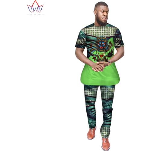 Bazin Riche African Applique Dragon Print Top and Pants Sets Ankara Clothes 2 Pieces Pant Sets Mens African Clothing WYN390