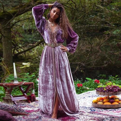 Noble Purple Moroccan Caftan Evening Dress Floor Sleeves V-Neck Prom Dress Split Special Occasion Celebrity Dress Summer Dress