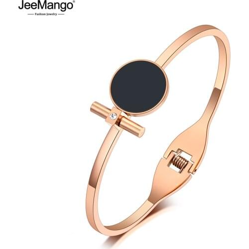 JeeMango Stainless Steel Rose Gold Cubic Zirconia Bracelets Bangles Fashion Black Acrylic Charm Bangle For Women браслет JB20141