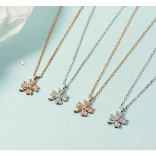KOFSAC Romantic Lucky Clover Silver Color Necklaces Women Zircon Pink Rose Gold Pendant Jewelry Girl Valentines Day Accessories