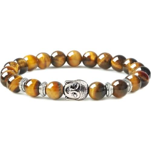 Men Tiger Eye Stone Bracelet Silver Color Buddha Charm Lava Rock Beads Onyx Stretch Bracelets Bangles Women Prayer Reiki Jewelry