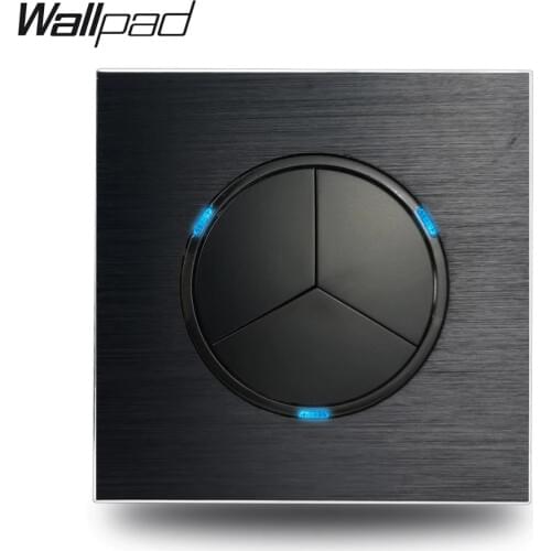 Wallpad L6 Satin Black Metal 3 Gang 1 Way Wall Light Random Click Push Button Switch Aluminum Plate With Blue LED Indicator