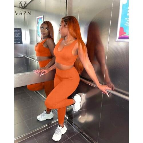 VAZN 2021 New Energy High Street Young Free Sexy Tracksuits Soft Style Mini Tank Long Pants High Waist Women 2 Piece Set