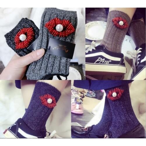 Gtglad New Arrived Fashion Korean Style Glitter Socks Women Winter Spring gem lip pearl Candy Color Hand-made Socks