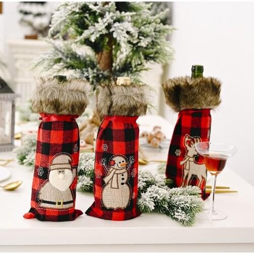 New Christmas Wine Bottle Cover Santa Claus Red Lattice Wine Bottle Cover Table Decor Xmas Decorations for Home Navidad Anciano