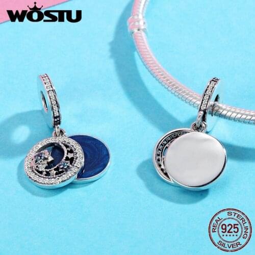 WOSTU 2020 Genuine 925 Sterling Silver Blue Enamel Moon and Star CZ Zirconia Pendant Charm For Bracelet Necklace Jewelry BKC396