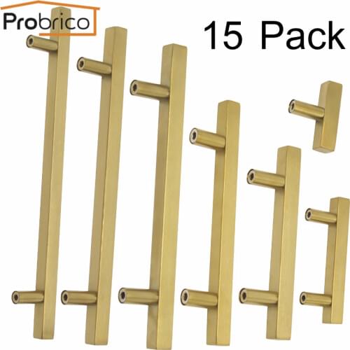 Probrico 15 Pack Golden Finish handles for furniture Square T Bar Door Dresser Knobs Drawer Pulls Stainless Steel Hardware