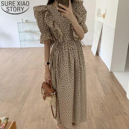 Polka Dot Chiffon Dress Ruffles Fashion V Neck Women Summer Dresses Flare Short Sleeve Dress Vintage Midi Long Dresses 13800