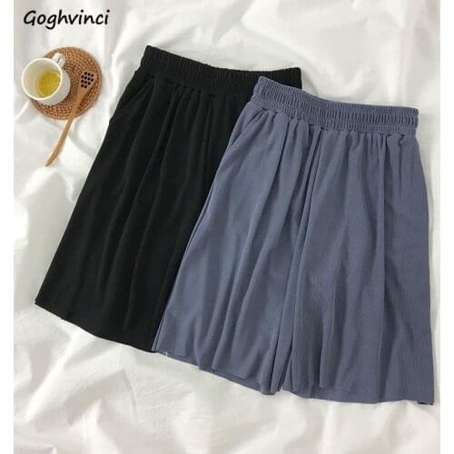 Shorts Women Summer Breathable Knitting Elastic Waist Loose Plus Size Female Simple Basic Solid Color Leisure Popular Students