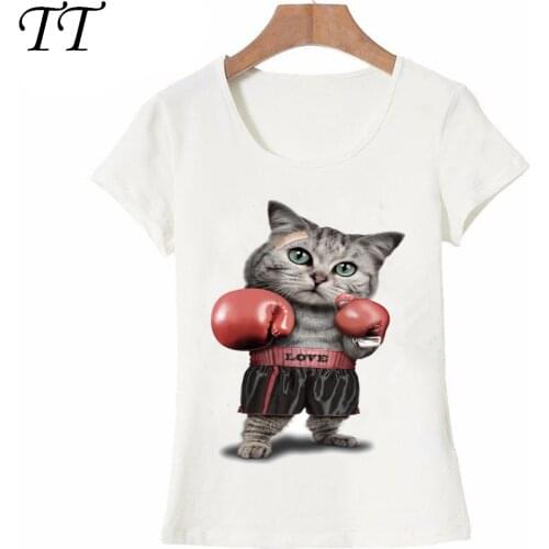 Cat boxer T-Shirt summer fashion Womens short sleeve white High Quality lady Tops cute animal design girl Tees
