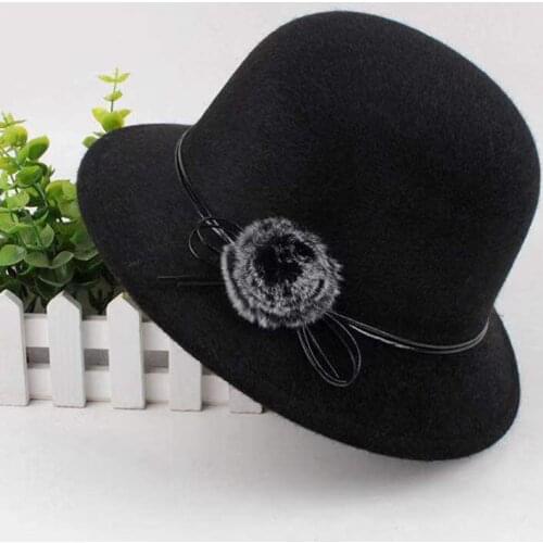 Lady Autumn and Winter Fashion Woolen Bowler Felt Hat Female Elegant Solid Warm British Cap Lady Autumn Winter FLOWER Felt Hat