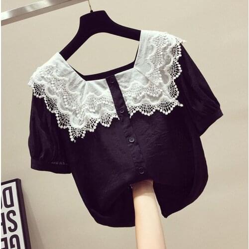 Korean Fashion Retro 2021 Summer Women Lace Splice Square Collar Chiffon Shirts Short-sleeve Single-breasted Blouse Blusa Y736
