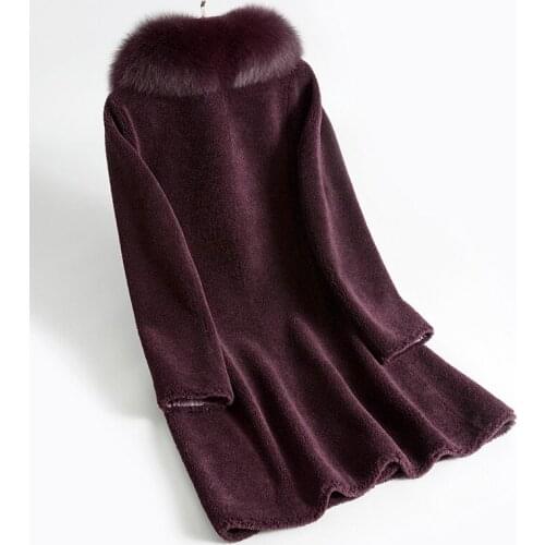 Shearling Sheep Real Fur Coat Female Fox Fur Collar Wool Coats 2020 Winter Jacket Women Korean Outwear Suede Lining MY s