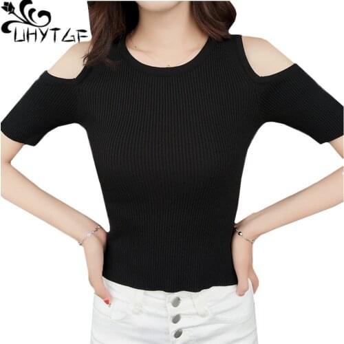 UHYTGF Woman sweaters pullover Slim Elasticity Knit spring summer sweater shirt female off strapless Sexy elegant Short top 735