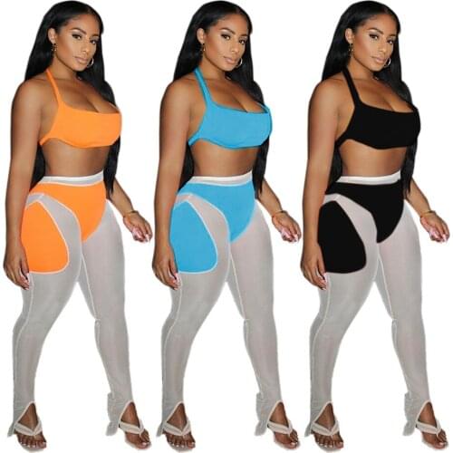 Fitness Women 2 Piece Set Neon Crop Tank Top High Waist Stitching Leggings Sexy Sheer Mesh Night Club Party Outfits Tracksuits
