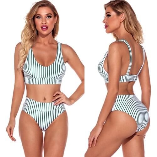 2021 New Womens Swimming Suit Split Stripe Print Bikini Set Blue White Stripes Swimsuit Push Up Female Bather Bathing Biquinis