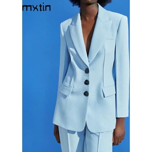 MXTIN 2021 Women Spring Fashion Blue Single Breasted Blazers Coat Vintage Lapel Collar Long Sleeve Office Ladies Casual Coat