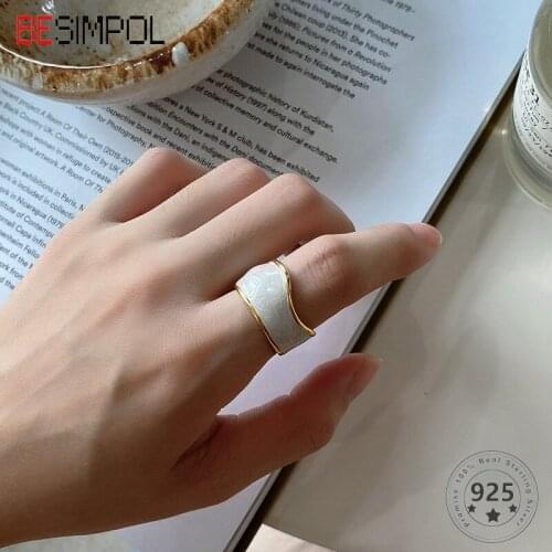 Besimpol Real 925 Sterling Silver Ring Bread Shaped Enamel Cream Pearly Simple Ring Adjustable Ring for Women Fine Jewelry Gifts