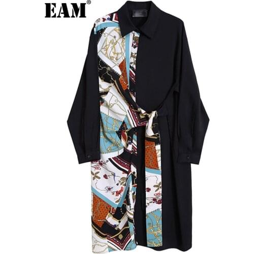 [EAM] Women Print Pattern Spliced Bandage Big Size Dress New Lapel Long Sleeve Loose Fit Fashion Tide Spring Autumn 2021 1DD3632