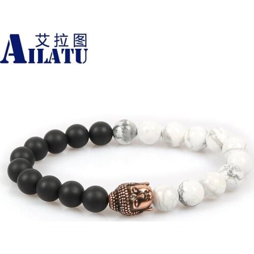 Ailatu Religious Jewelry Vintage Cz Big Buddha Charm with 8mm Matte Onyx Stone and White Howlite Stone Beads Bracelet