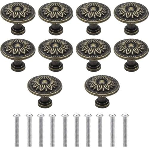 GTBL 10PCS Antique Bronzy Flower Round Cabinet Knob 32MM Vintage Drawer Knob Kitchen Cabinet Cupboard Door Drawer Pull Knob