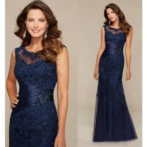 Black Blue Sheer Neck Mother Of The Bride Dresses Mermaid Lace Beaded Wedding Party Gowns 2021 Mother Evening Dresses Sleeveless