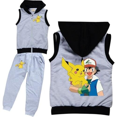 Pokemon 2-15 year old childrens vest hooded sleeveless trousers pikachu cartoon spring and autumn sports two-piece suit