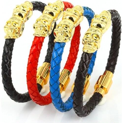 Double Skull Bracelets Men Women 2019 Northskull Cuero Jewelry Punk Magnetic Clasp Genuine Leather Bracelets Homme Cuir Noir