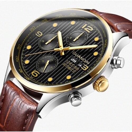 GUANQIN Luxury Brand Classic Men Automatic Date Luminous Clock Mens Fashion Casual Leather Strap Waterproof Mechanical Watches