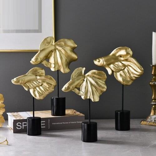 NORDIC STYLE CREATIVE LUXURIOUS GOLD GOLDFISH FIGURINE ANIMALS FISH STATUE RESIN CRAFT LIVING ROOM DECORATIONS FOR HOME R3855