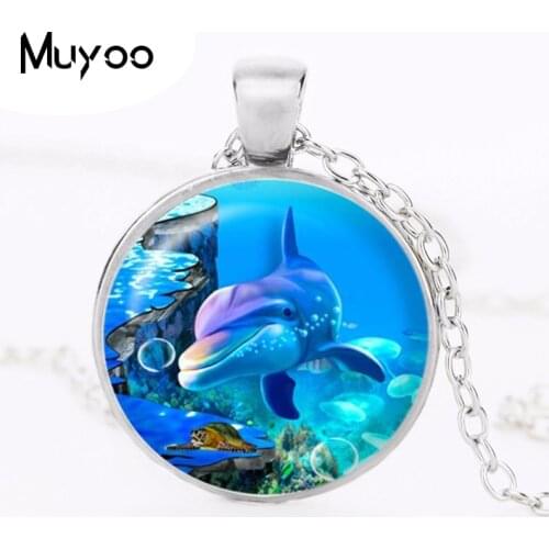 Round jewelry glass cabochon pendant necklace Cute dolphin ocean world fashion statement necklace for women HZ1
