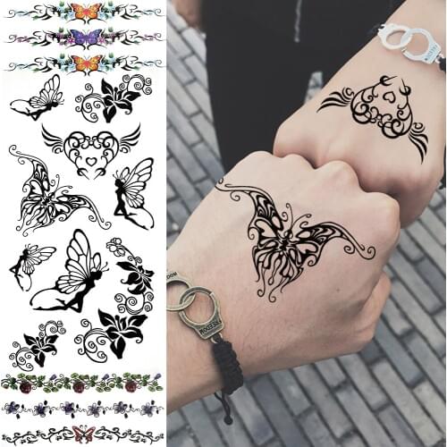 Lace Butterfly Heart Temporary Tattoos For Women Kids Fairy Flower Fake Tattoo Sticker Realistic Elf Foot Hand Face Tatoos Cute