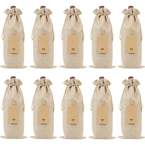 Burlap Wine Bags Wine Gift Bags with Drawstrings, Single Reusable Wine Bottle Covers with Ropes and Tags (10 Pcs)