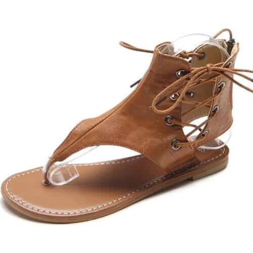 Fashion Summer Women Sandals Flat Heel Flip-Flops Gladiator Sandals Bandage Women Roma Shoes Plus Size 35-43 XKD4101