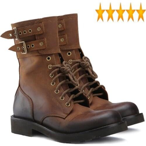 Retro Autumn Winter Warm Handmade Genuine Leather Men New Round Toe Buckle Lace Up Outdoor Motorcycle Boots Male