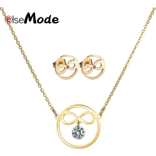 Elsemode Rose Gold Infinity Stainless Steel Wedding Jewelry Sets Bowknot CZ Stone Women Neckalce Earrings Engagement Gifts